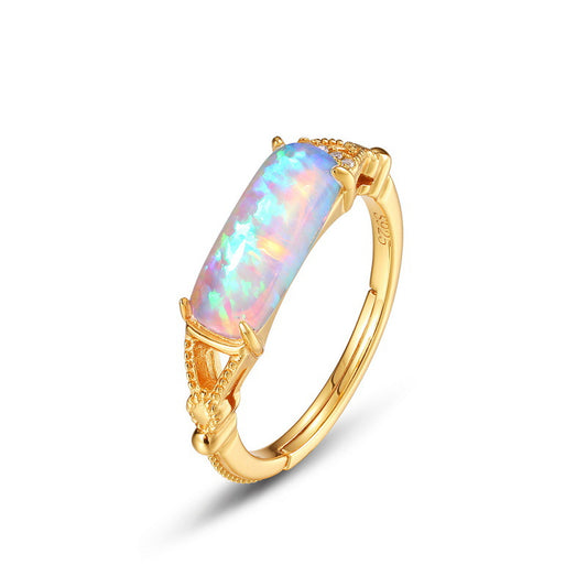 S925 Sterling Silver Jewelry Rings Magical Color Opal Gemstone Cylinder Style Ring