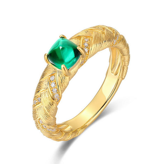 S925 Sterling Silver Jewelry Ring Lab Grown Emerald Gemstone Wire Drawing Craft Rings