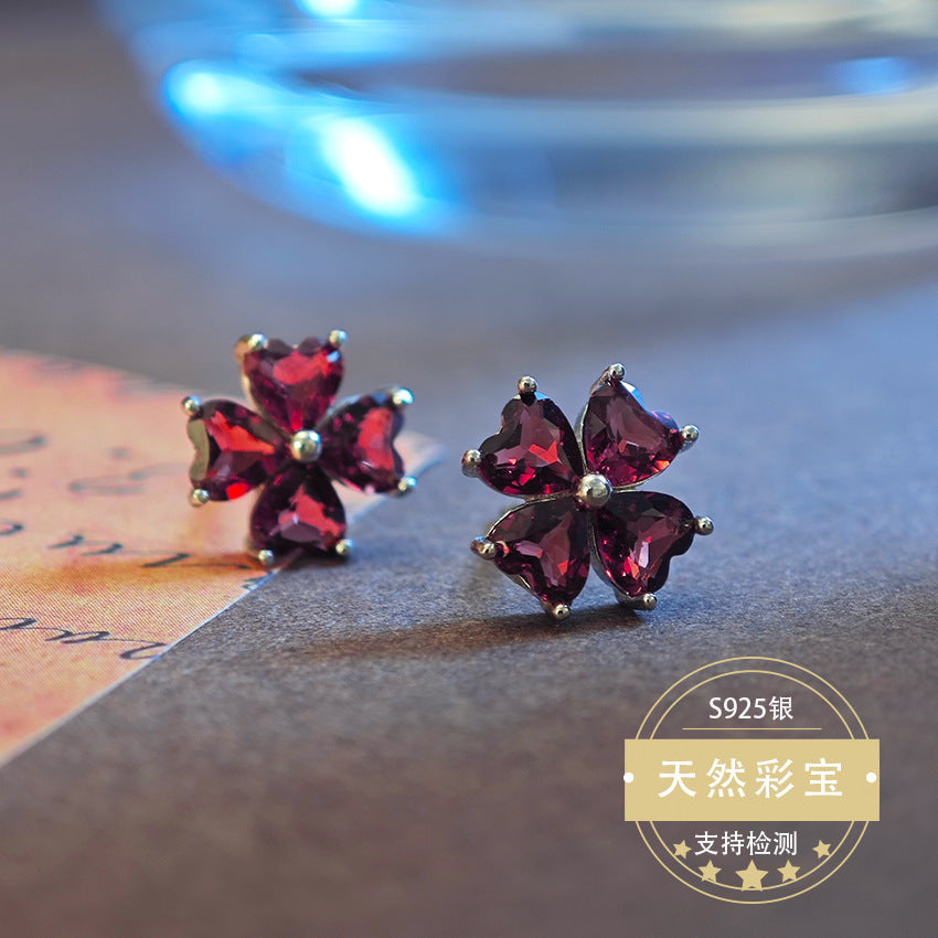 S925 Sterling Silver Jewelry Earrings Natural Garnet Gemstone Floral Style Stud Earrings