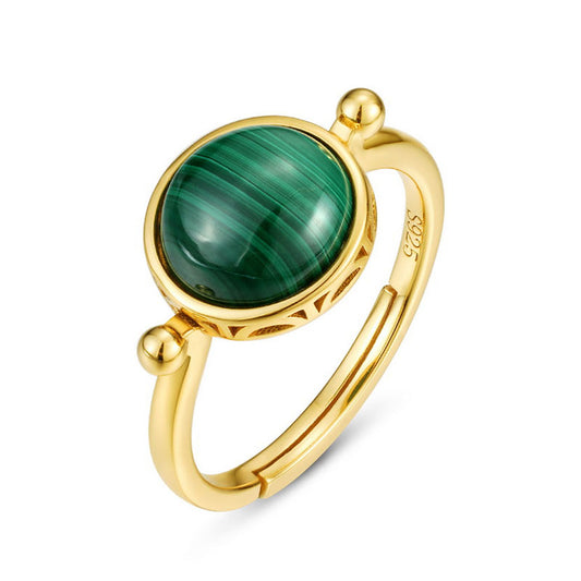 S925 Sterling Silver Jewelry Ring Natural Malachite Gemstone Gold Plating Simple Luxury Rings