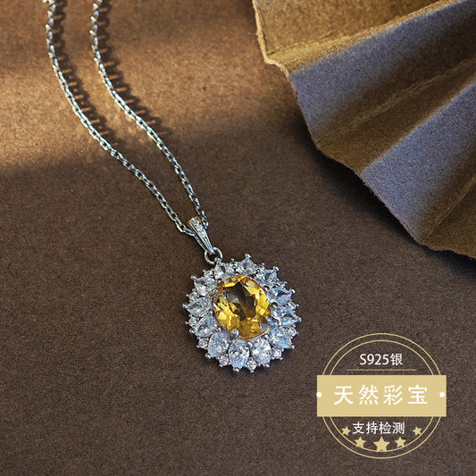 Natural Citrine Gemstone Fine Jewelry 925 Sterling Silver Light Luxury Charms Necklace