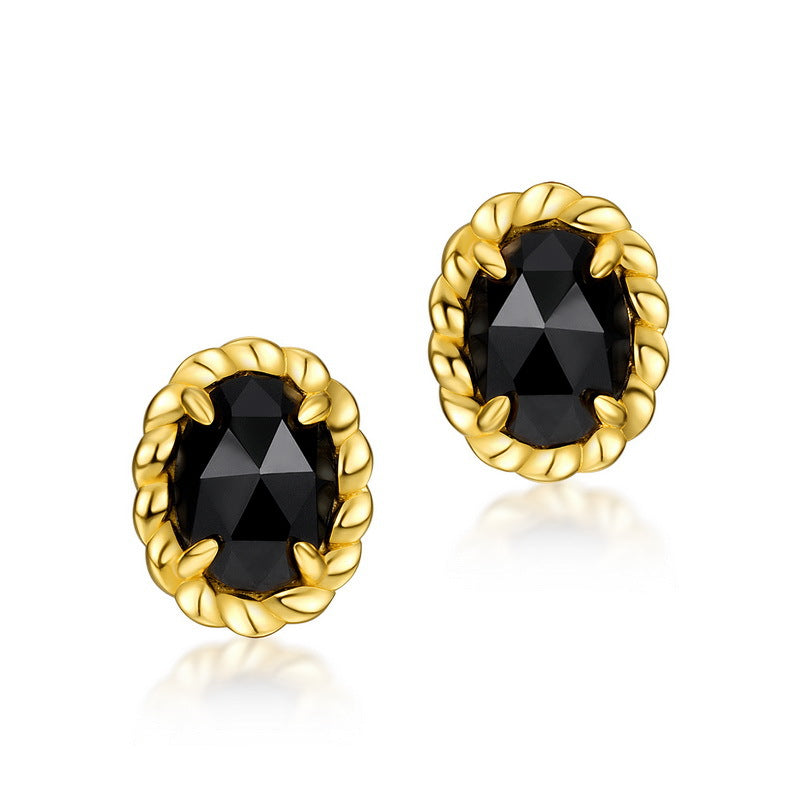 S925 Sterling Silver Jewelry Earrings Natural Black Onyx Gemstone Gold Plating Earrings