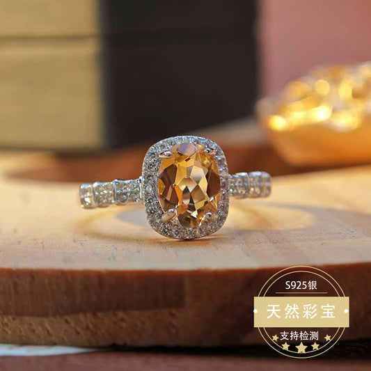 S925 Sterling Silver Jewelry Ring Natural Citrine Gemstone Oval Style Luxury Rings