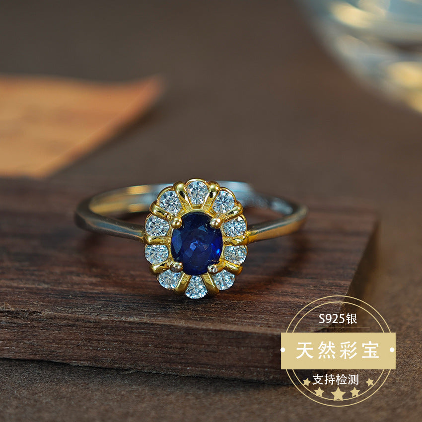 S925 Sterling Silver Fine Jewelry Natural Sapphire Gemstone Floral Style Luxury Rings