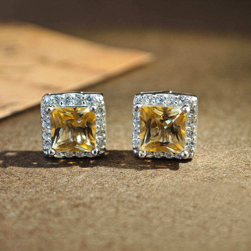S925 Sterling Silver Jewelry Earrings Natural Citrine Gemstone Square Style Stud Earrings