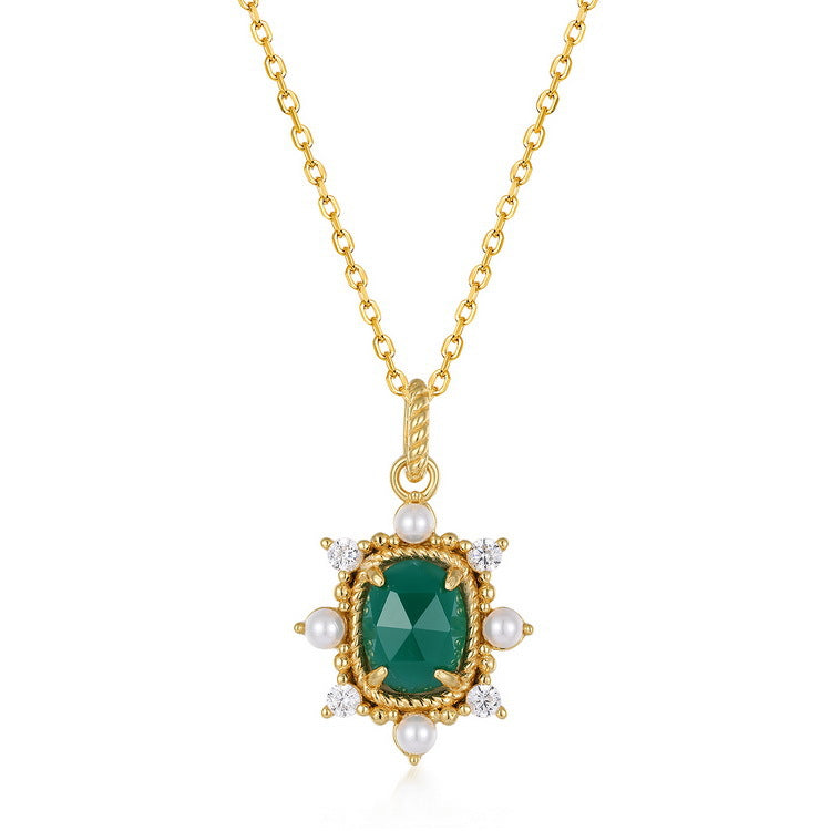 S925 Sterling Silver Jewelry Pendant Natural Green Agate Gemstone Palace Style Necklace Charms