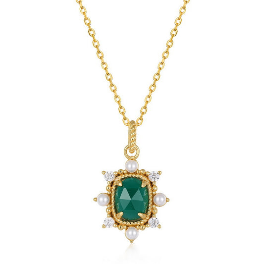 S925 Sterling Silver Jewelry Pendant Natural Green Agate Gemstone Palace Style Necklace Charms