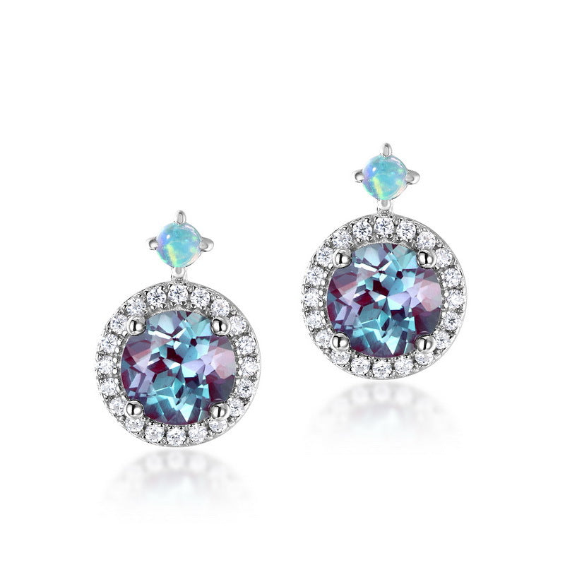S925 Sterling Silver Jewelry Earrings Alexandrite Gemstone Round Style Stud Earrings