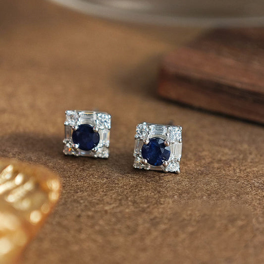 S925 Sterling Silver Jewelry Earrings Natural Sapphire Gemstone Square Style Stud Earrings