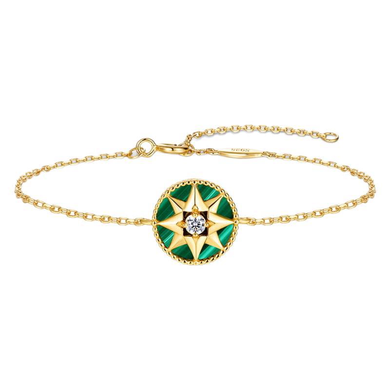 S925 Sterling Silver Jewelry Bracelet Natural Malachite Gemstone Lucky Compass Style Bracelets