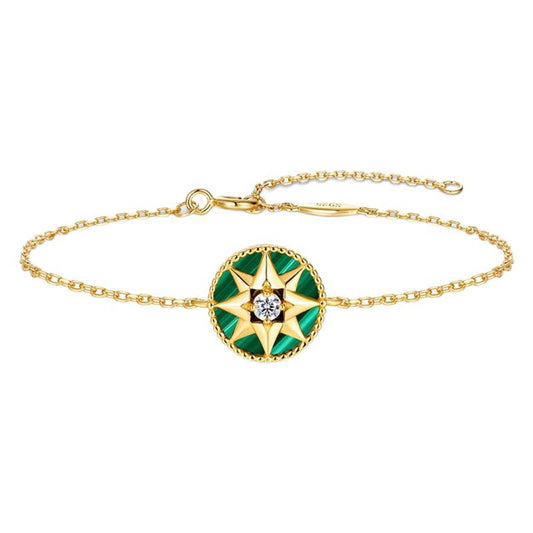 S925 Sterling Silver Jewelry Bracelet Natural Malachite Gemstone Lucky Compass Style Bracelets
