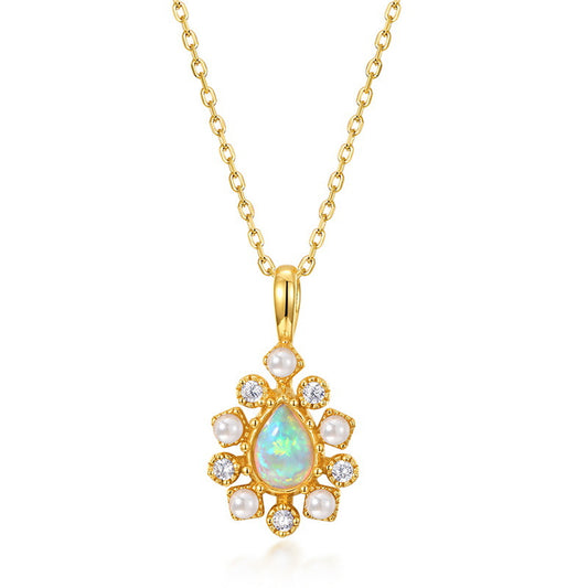 S925 Sterling Silver Jewelry Charms Gold Plating Opal Gemstone Choker Necklace Pendant