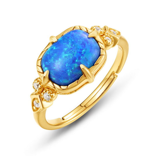 S925 Sterling Silver Jewelry Gold Plating Blue Opal Gemstone Vintage Style Rings