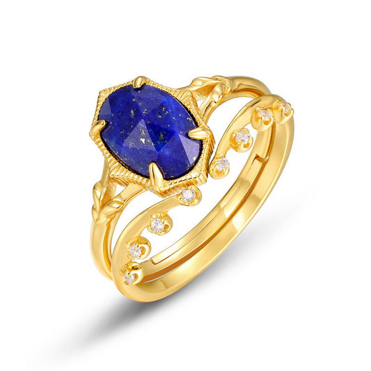 S925 Sterling Silver Jewelry Ring Natural Lapis Lazuli Gemstone Simple Luxury Stacking Rings