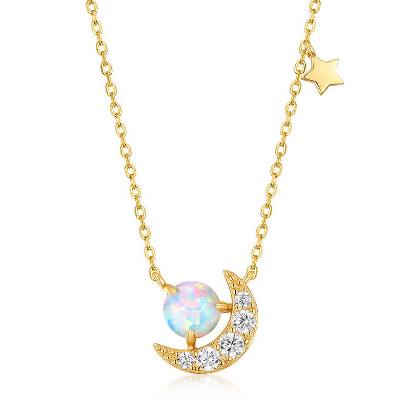 S925 Sterling Silver Jewelry Necklace Gold Plating Opal Gemstone Moon Style Necklace