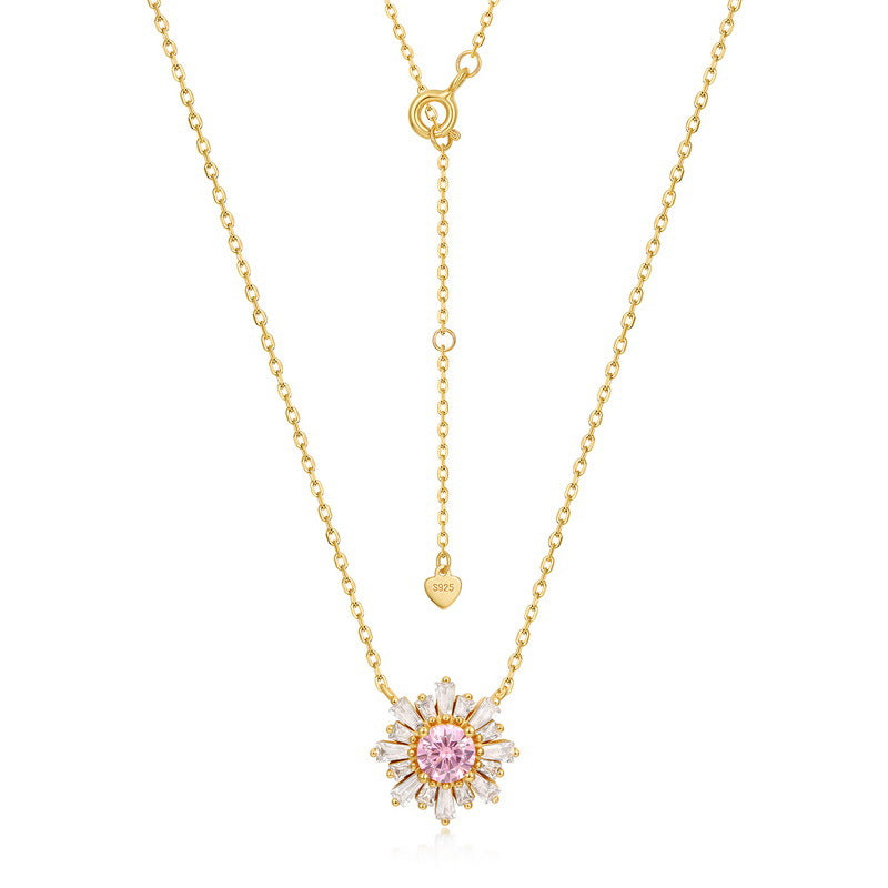 S925 Sterling Silver Jewelry Necklace Pink Zircon Gemstone Sunflower Style Charms Necklace