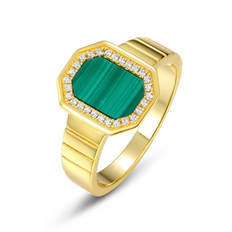 S925 Sterling Silver Jewelry Ring Natural Malachite Gemstone Geometric Simple Luxury Rings