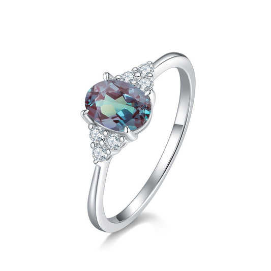 S925 Sterling Silver Jewelry Ring Alexandrite Gemstone Simple Luxury Oval Style Rings