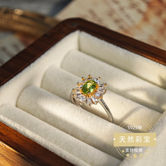 S925 Sterling Silver Jewelry Ring Natural Peridot Gemstone Floral Style Fashion Luxury Rings