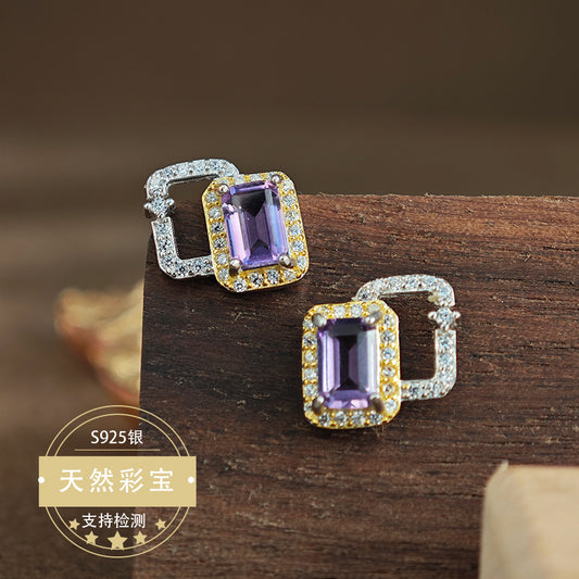 Natural Amethyst Gemstone Fine Jewelry 925 Sterling Silver Unique Light Luxury Stud Earrings