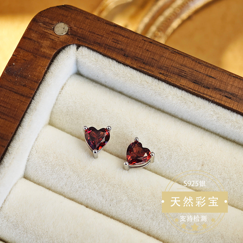 Natural Garnet Gemstone Fine Jewelry 925 Sterling Silver Heart Style Light Luxury Earrings