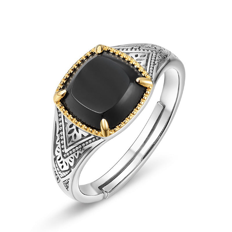S925 Sterling Silver Jewelry Ring Natural Black Onyx Gemstone Vintage Style Luxury Rings