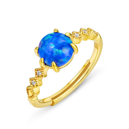 S925 Sterling Silver Jewelry Rings Blue Opal Gemstone Classical Style Refined Rings