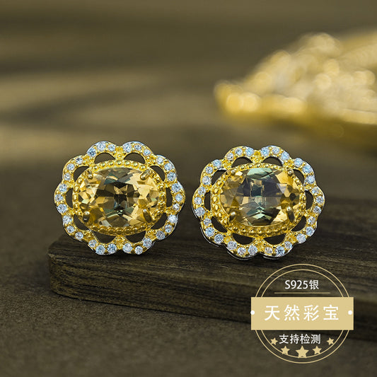 Natural Citrine Gemstone Fine Jewelry 925 Sterling Silver Palace Style Stud Earrings