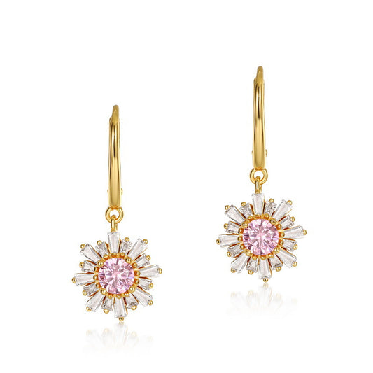 S925 Sterling Silver Jewelry Earrings Pink Zircon Gemstone Sunflower Style Fashion Earrings