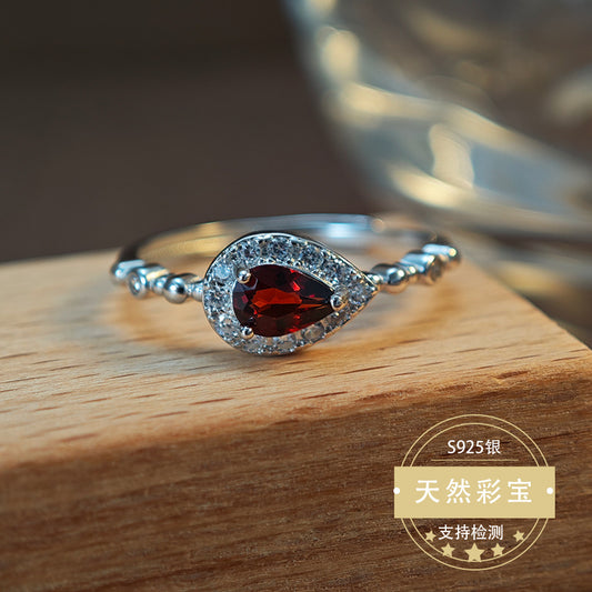 Natural Garnet Gemstone Fine Jewelry 925 Sterling Silver Water Drop Vintage Style Rings