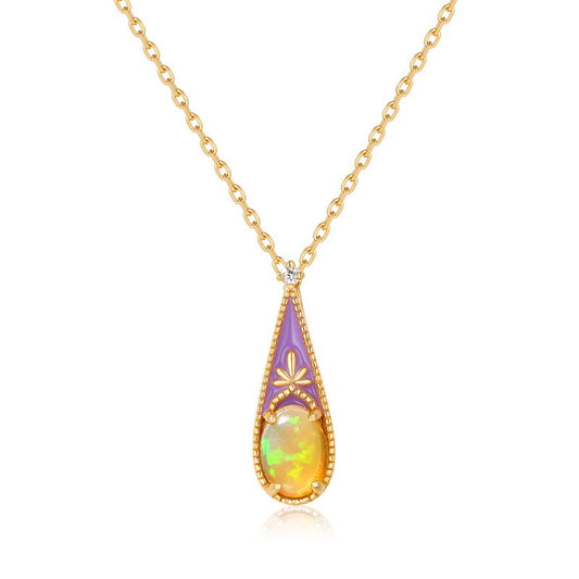 S925 Sterling Silver Jewelry Natural Opal Gemstone Enamel Craft Vintage Style Necklace Charms