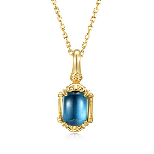 S925 Sterling Silver Jewelry Pendant Natural London Blue Topaz Gemstone Vintage Style Necklace