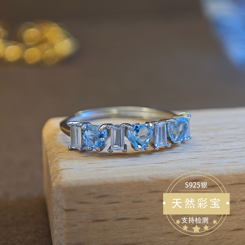 Natural Topaz Gemstone Fine Jewelry 925 Sterling Silver Heart Style Light Luxury Rings