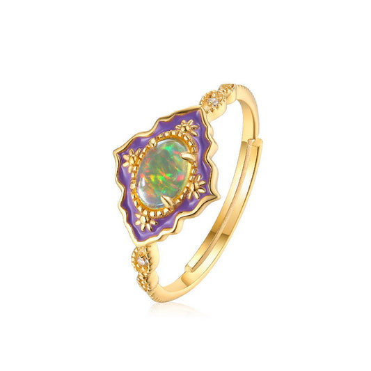 S925 Sterling Silver Jewelry Ring Natural Opal Gemstone Enamel Craft Vintage Style Rings