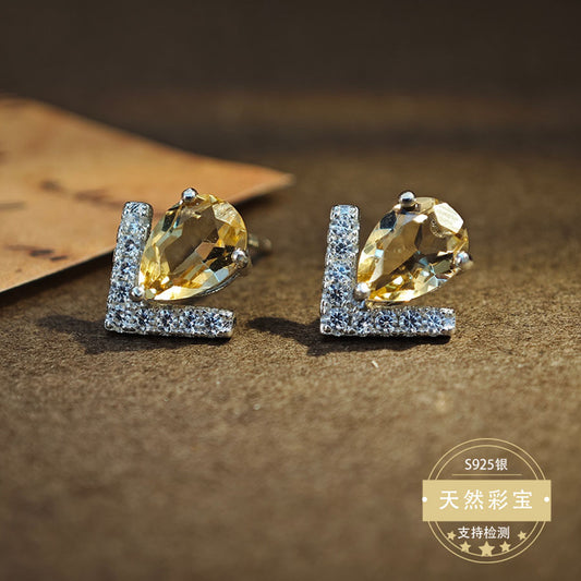 S925 Sterling Silver Jewelry Earrings Natural Citrine Gemstone Unique Design Stud Earrings