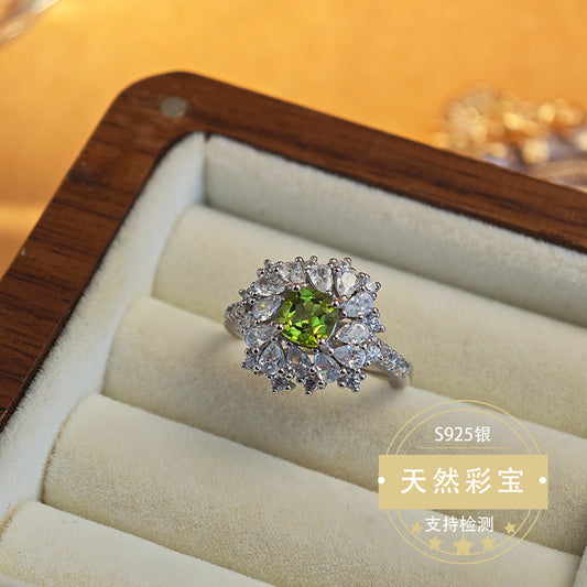 S925 Sterling Silver Fine Jewelry Natural Peridot Gemstone Floral Style Luxury Rings
