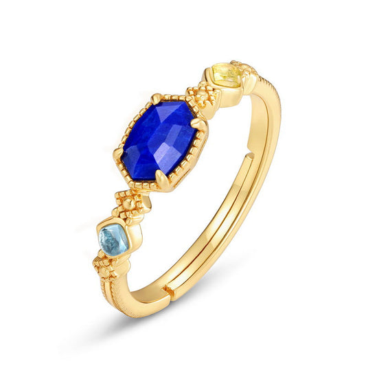 S925 Sterling Silver Jewelry Ring Natural Lapis Lazuli Gemstone Geometric Style Rings