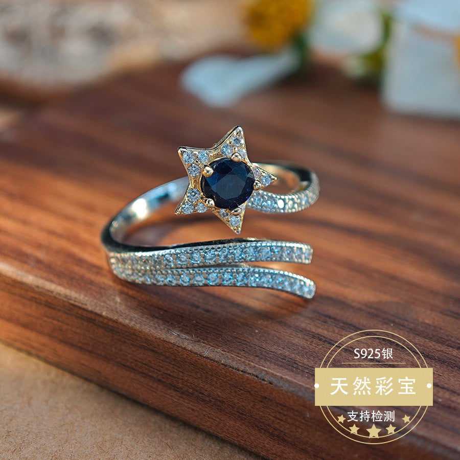 S925 Sterling Silver Jewelry Ring Natural Sapphire Gemstone Star Style Simple Luxury Rings