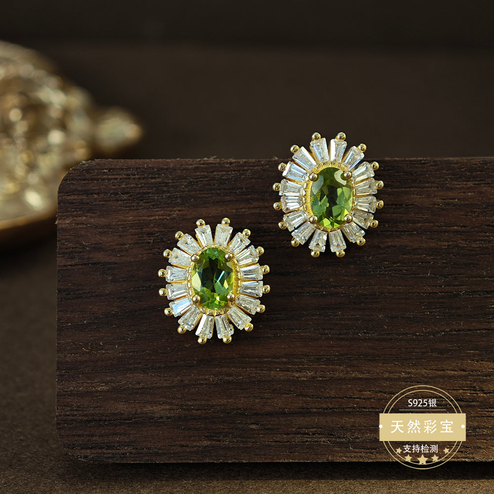 S925 Sterling Silver Fine Jewelry Natural Peridot Gemstone Fashion Luxury Stud Earrings