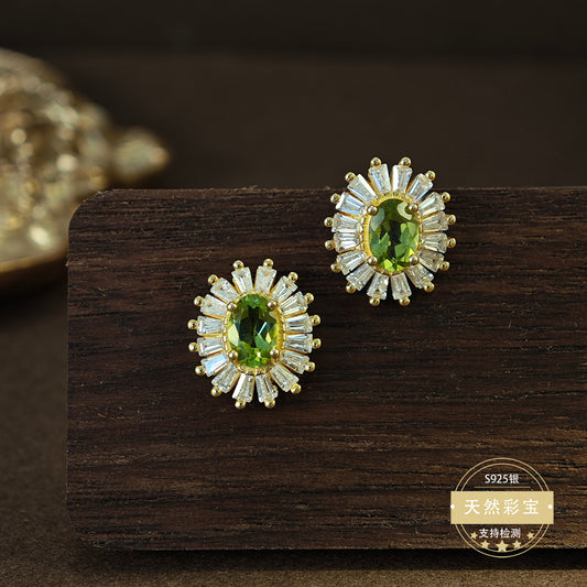 S925 Sterling Silver Fine Jewelry Natural Peridot Gemstone Fashion Luxury Stud Earrings