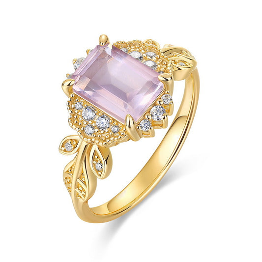 S925 Sterling Silver Jewelry Ring Natural Rose Quartz Gemstone Leaf Style Simple Luxury Rings