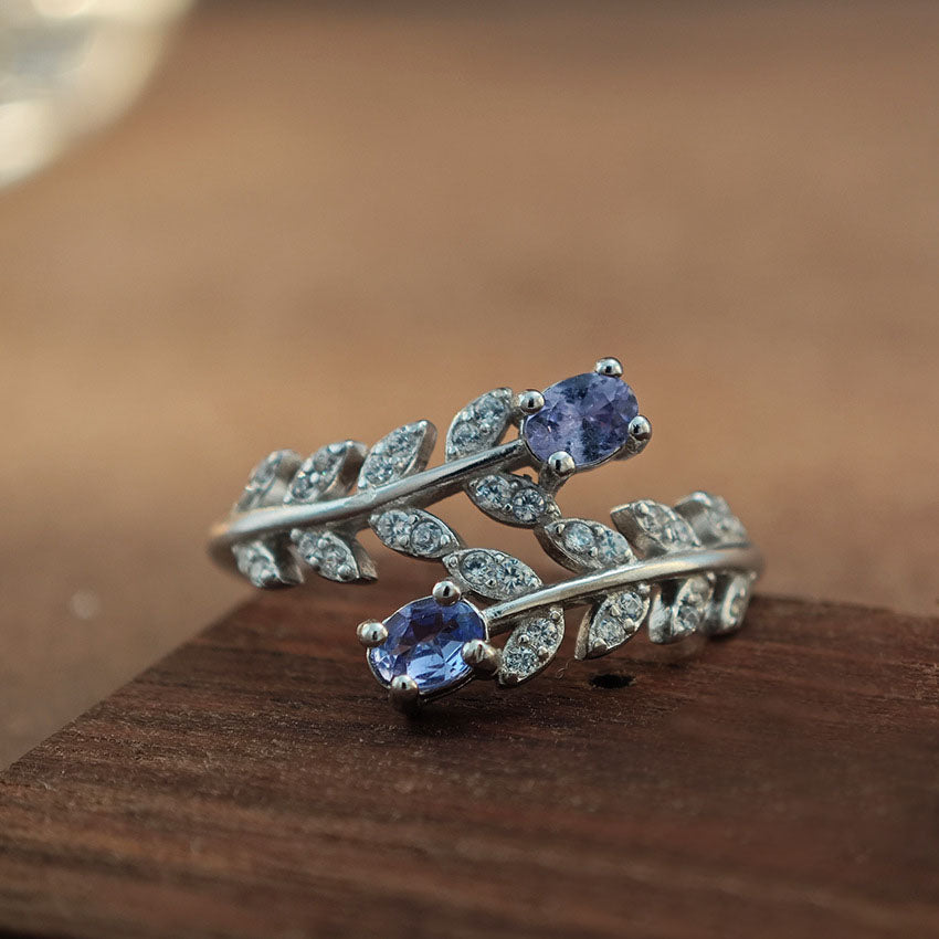 S925 Sterling Silver Jewelry Ring Natural Tanzanite Gemstone Wheat Ear Style Rings