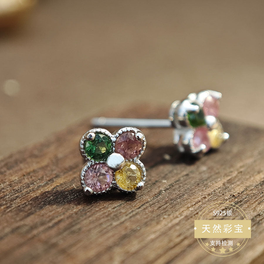 S925 Sterling Silver Jewelry Earrings Natural Tourmaline Gemstone Clover Style Stud Earrings