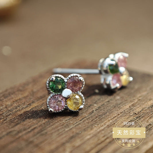 S925 Sterling Silver Jewelry Earrings Natural Tourmaline Gemstone Clover Style Stud Earrings