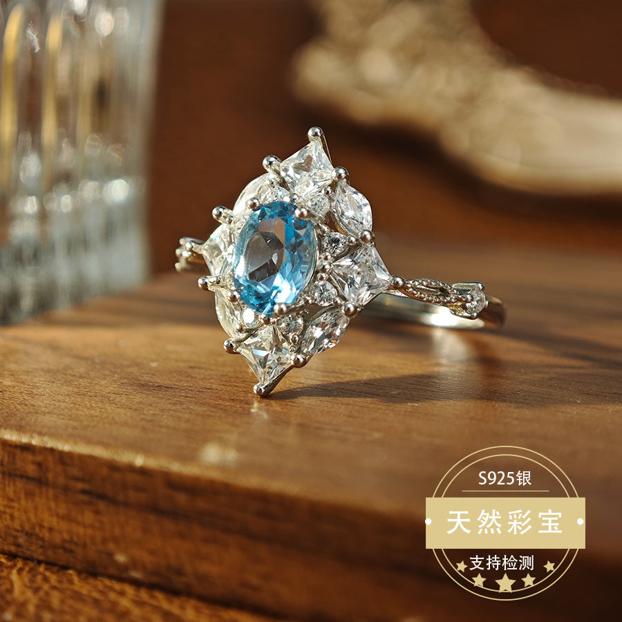 Natural Topaz Gemstone Fine Jewelry 925 Sterling Silver Floral Style Light Luxury Jewelry Rings