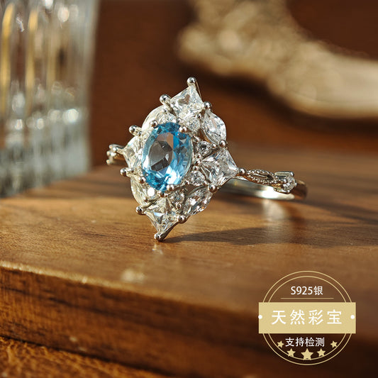 Natural Topaz Gemstone Fine Jewelry 925 Sterling Silver Floral Style Light Luxury Jewelry Rings