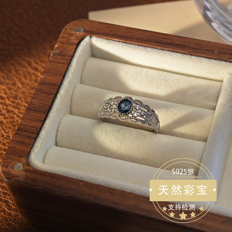 Natural Sapphire Gemstone Fine Jewelry 925 Sterling Silver Vintage Style Light Luxury Rings
