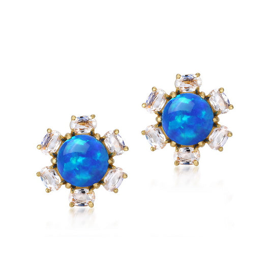 S925 Sterling Silver Jewelry Earrings Gold Plating Blue Opal Gemstone Floral Style Stud Earrings
