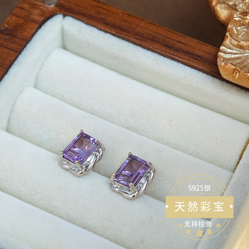 Natural Amethyst Gemstone Fine Jewelry 925 Sterling Silver Rectangular Style Stud Earrings