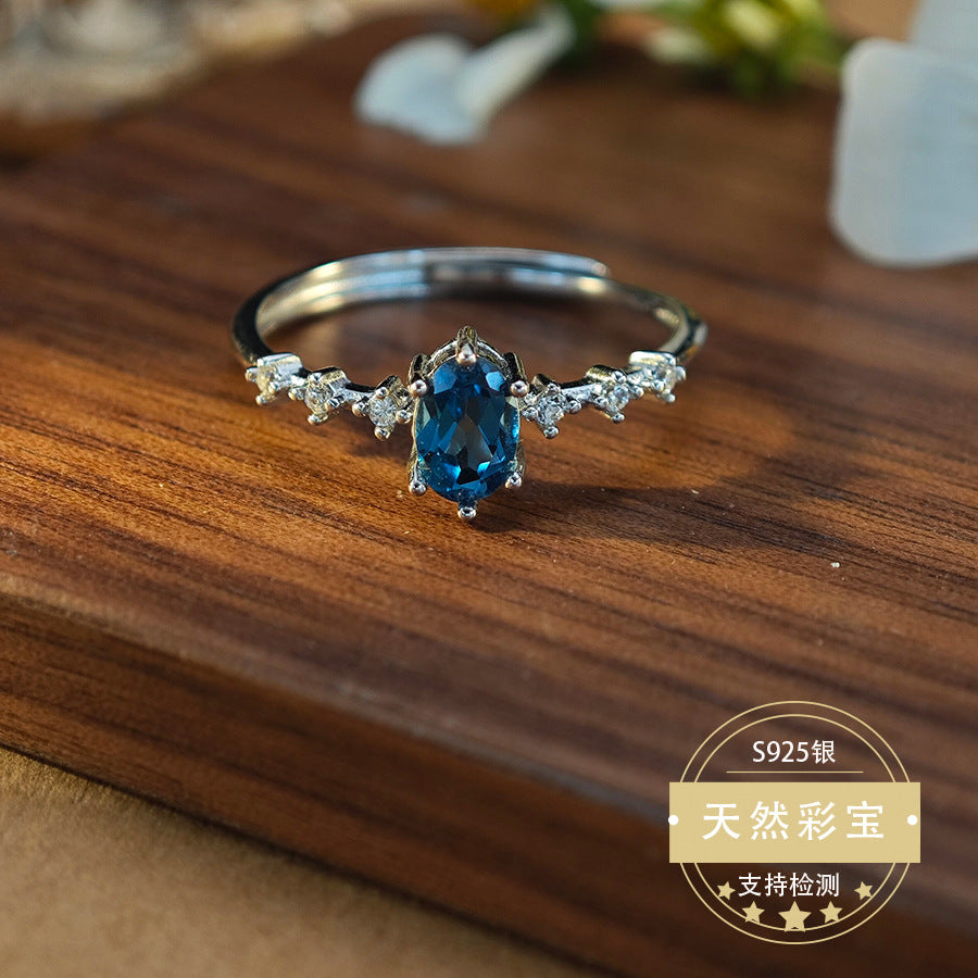 S925 Sterling Silver Jewelry Ring Natural London Blue Topaz Gemstone Simple Luxury Rings